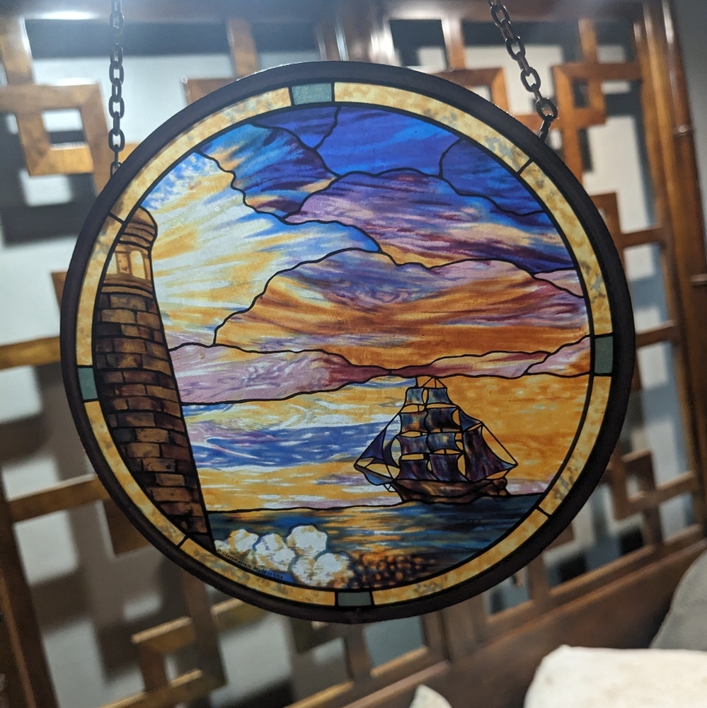 Tiffany stained glass vintage  Glassmasters Made in USA w/ chain Authentic *RARE